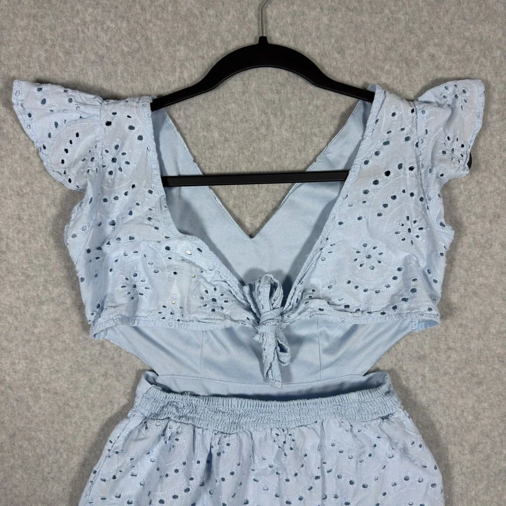 Jessica Simpson Light Blue Eyelet Cutout Ruffle Mini Dress Small Cotton